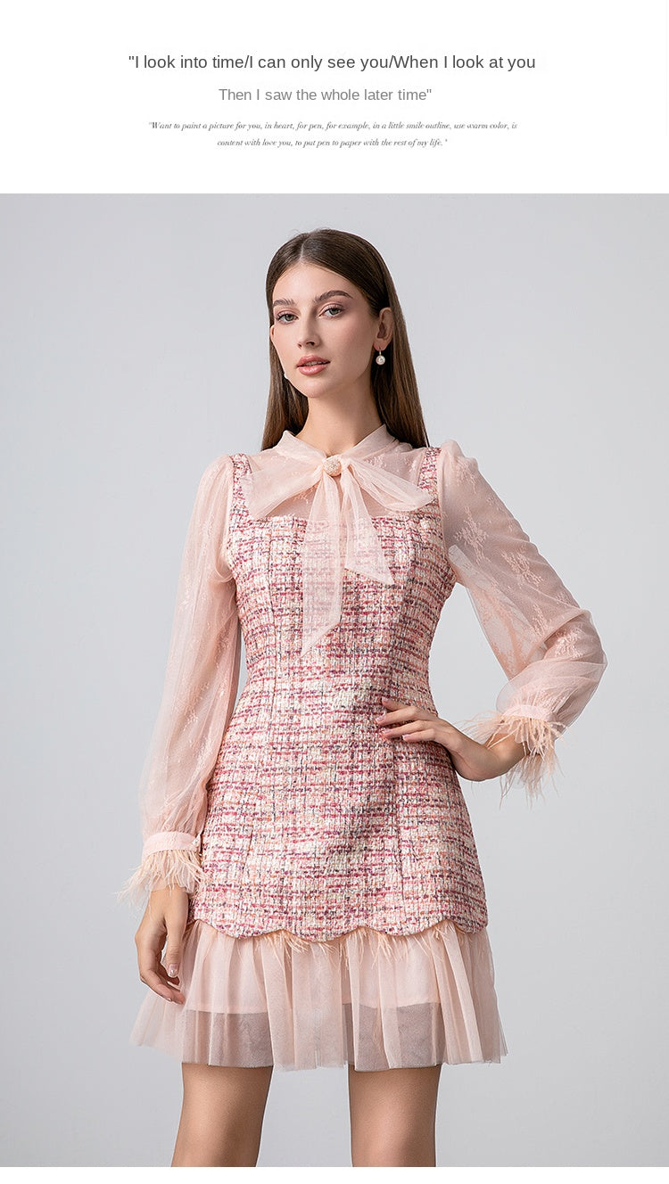 Original design: spring, summer, autumn, art lace stitching, colored tweed, small fragrance, big bow, ostrich feather dress