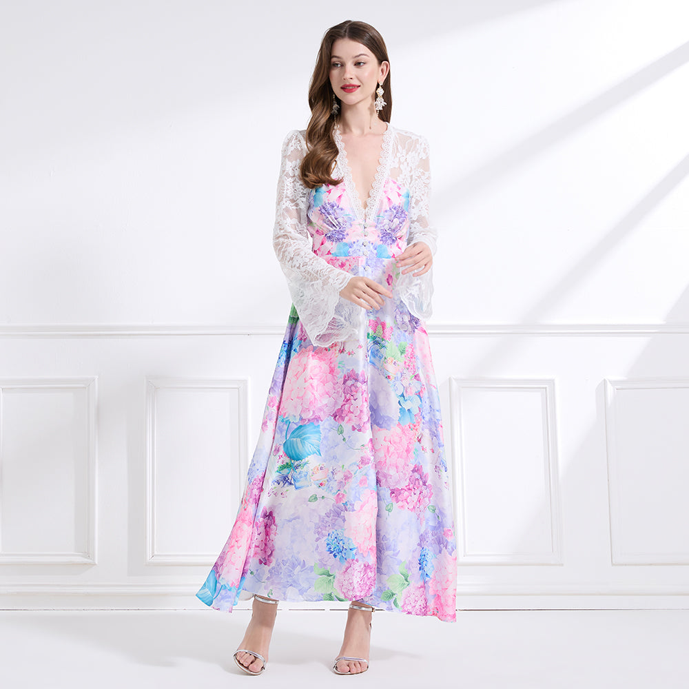 Original design - spring and summer resort style lace patchwork print waist maxi skirt ruffle dress