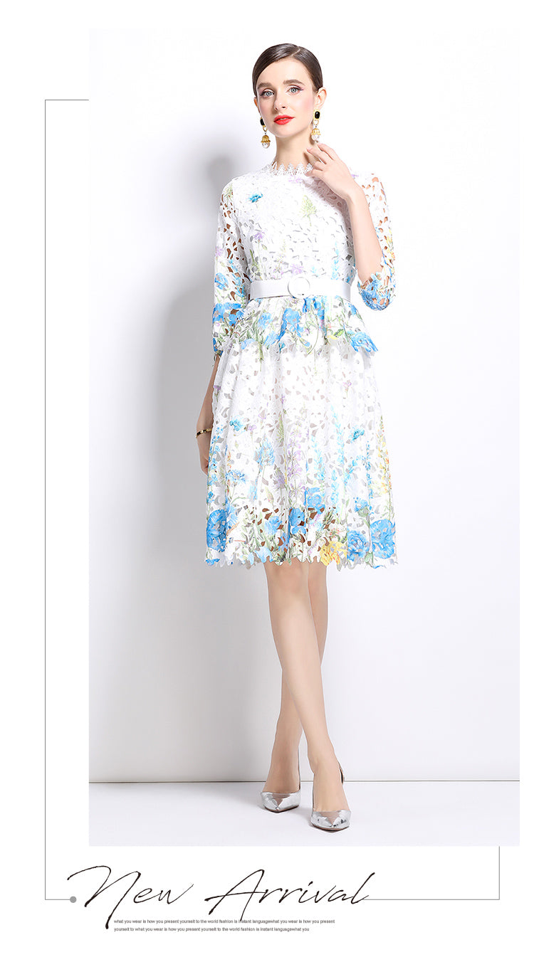 Original design mid long sleeved fashionable slimming hollow out water-soluble lace positioning mid length dress