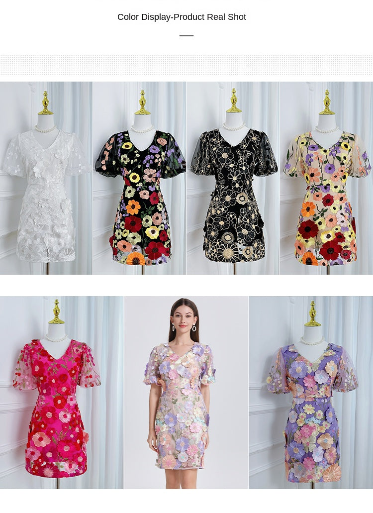 Original Design Heavy Industry Embroidery Boutique Handmade Color Customized Flower V-neck Bubble Sleeve Wrap Hip Dress