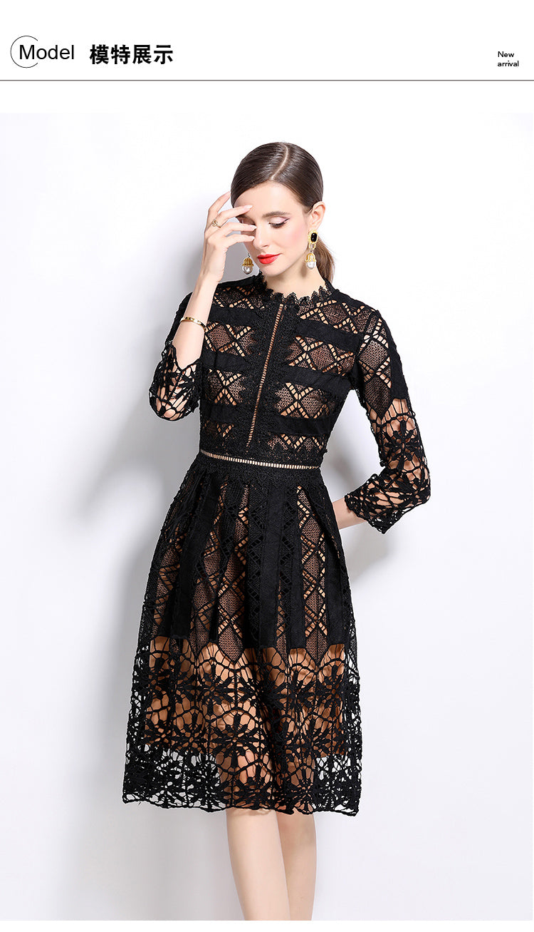 Original design mid long sleeved slimming hollow out water-soluble lace positioning printed mid length dress for spring, summer, autumn vacation