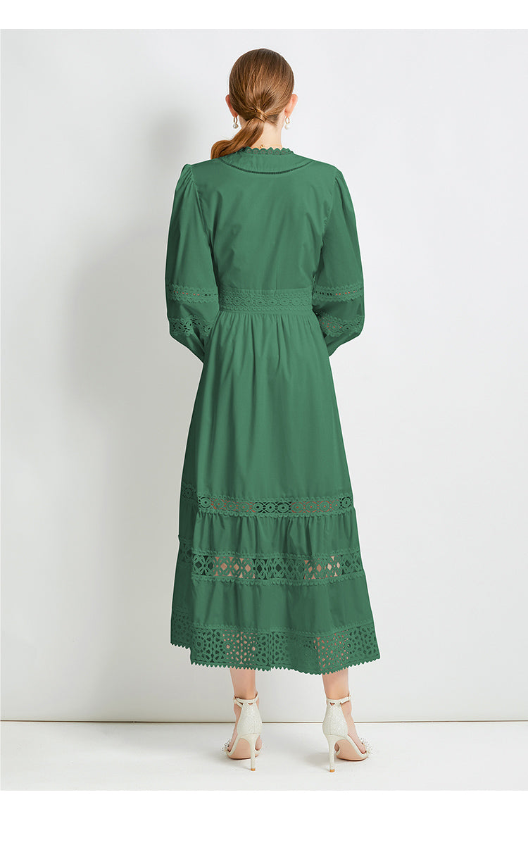 Original design fashionable temperament V-neck patchwork lace hollow out design sense long sleeved waist cinching dress