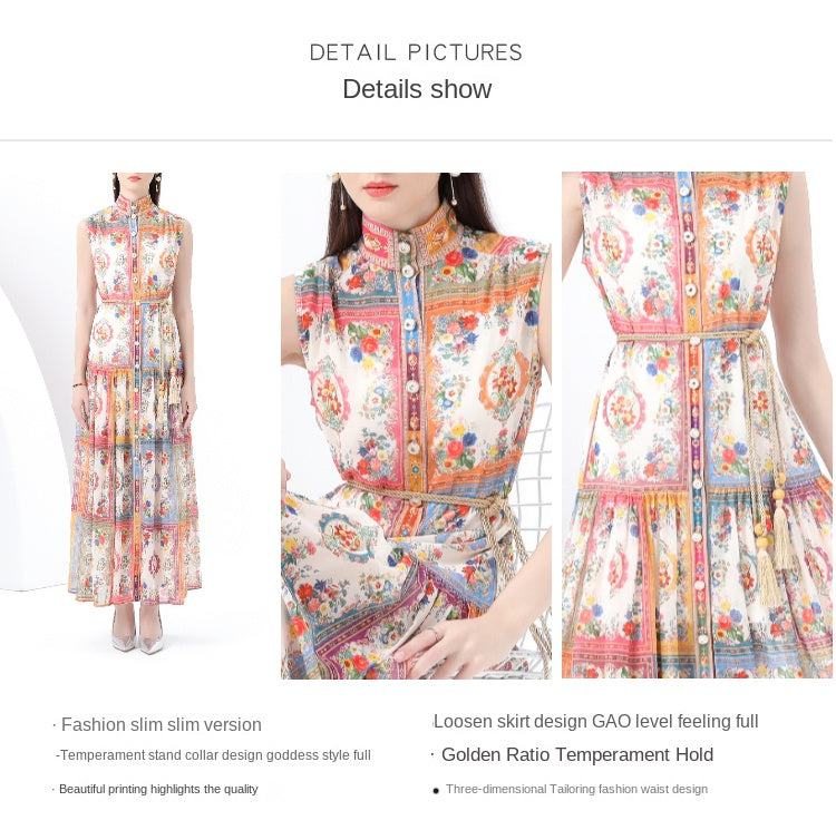 Original design: Spring, Summer, Autumn, vintage style, stand collar, sleeveless, wavy edge, long printed dress 2-piece set