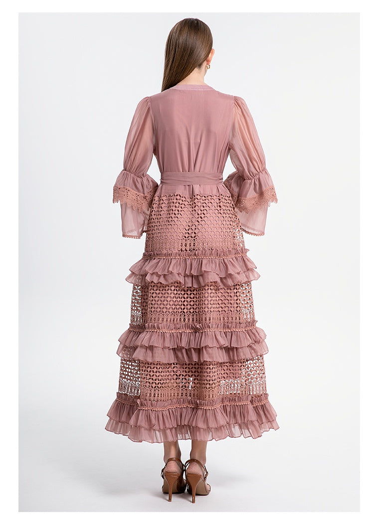 French retro court-style cut-out lace patchwork with fungus trim and flared sleeves at the waist