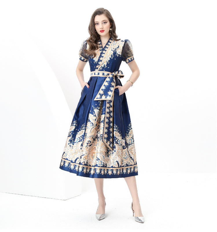 Spring/summer wrap tie style V-neck balloon sleeve long vintage print dress
