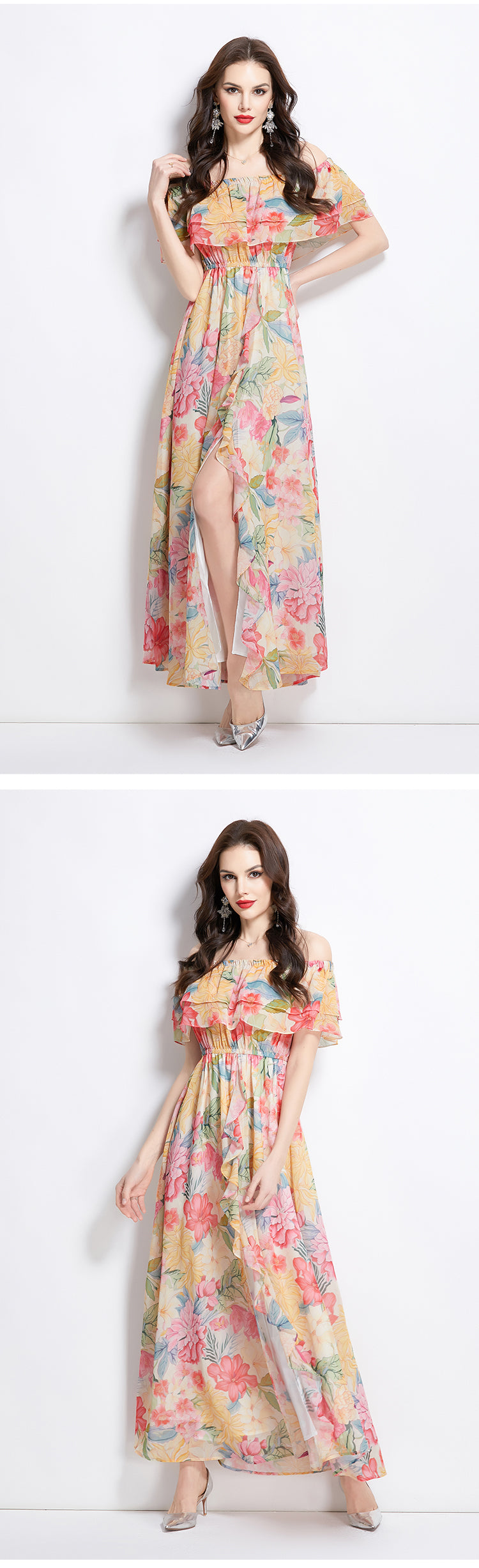 Original design for spring and summer new style with ruffled edge, one piece collar, waist cinched, big swing beach skirt, split chiffon dress