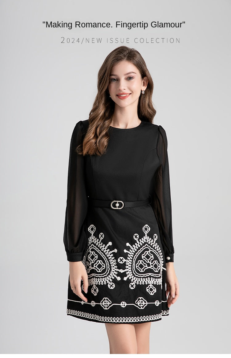 Original Design Light Luxury Heavy Industry Chiffon Splicing Plate Belt Embroidered High Waist Slimming Style Dress
