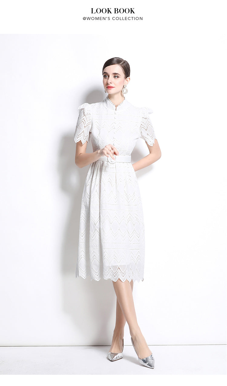 Original design elegant patchwork waist cinching short sleeved dress