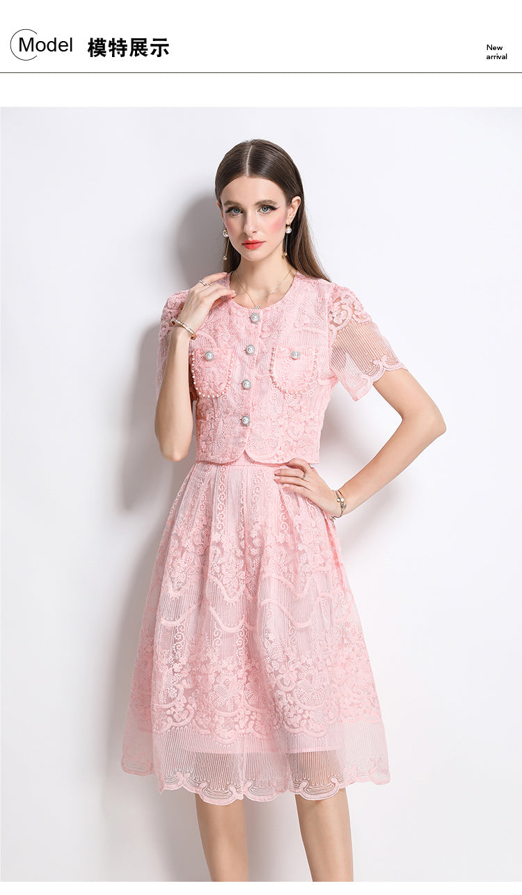Original design for spring and summer small fragrance style set light luxury and high-end water-soluble lace skirt two-piece set