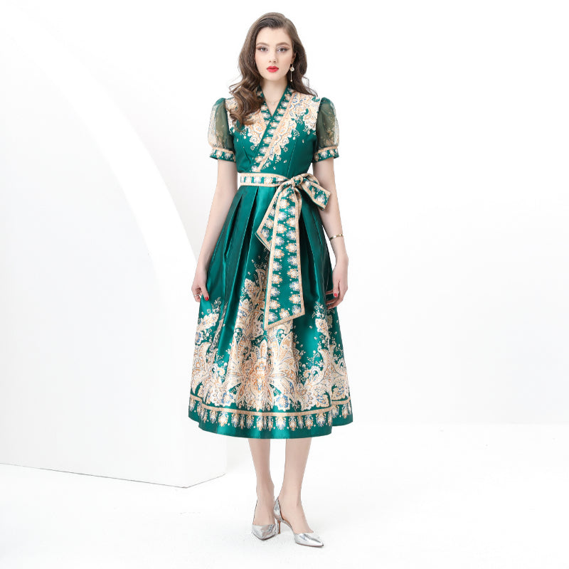 original design Spring/summer wrap tie style V-neck balloon sleeve long vintage print dress
