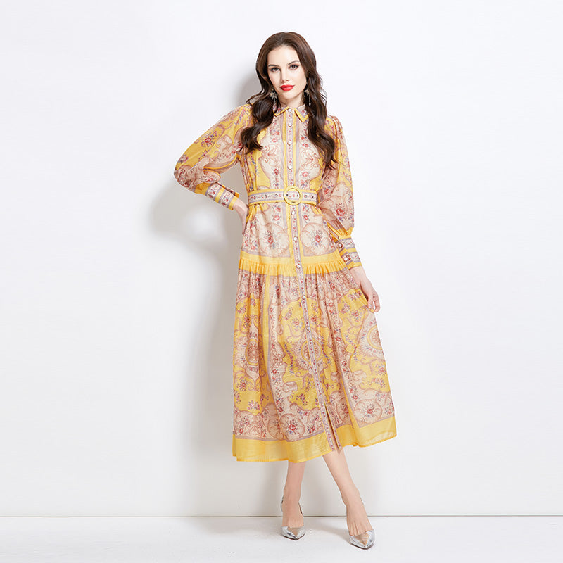Original Design Spring/Summer Autumn Vacation Classical Palace Style Printed Bouquet Waist Single breasted Long Dress
