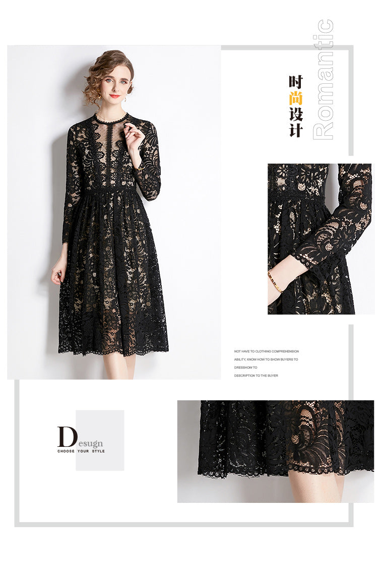 Original design for spring and summer lace slim fit lace dress with a slimming and age reducing mid length skirt for women