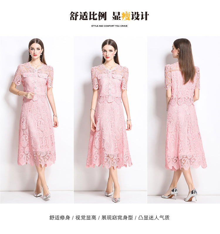 Original design for spring and summer small fragrance style set light luxury and high-end water-soluble lace skirt two-piece set
