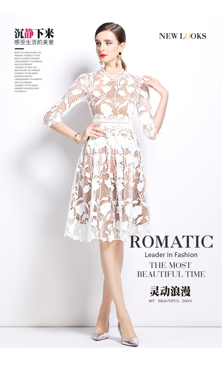 Original design mid long sleeved high-end fashion, slimming and hollowed out water-soluble lace mid length dress