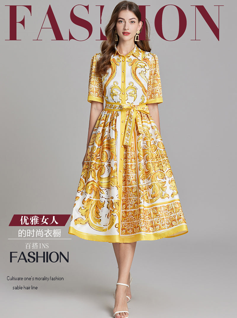 Original Design Spring/Summer Positioning Printed Collar Strap Waist Shirt Dress Large Swing A-line Skirt