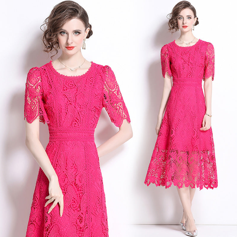 Original design temperament short sleeved skirt slim fit waist cinching heavy industry water-soluble lace dress for women