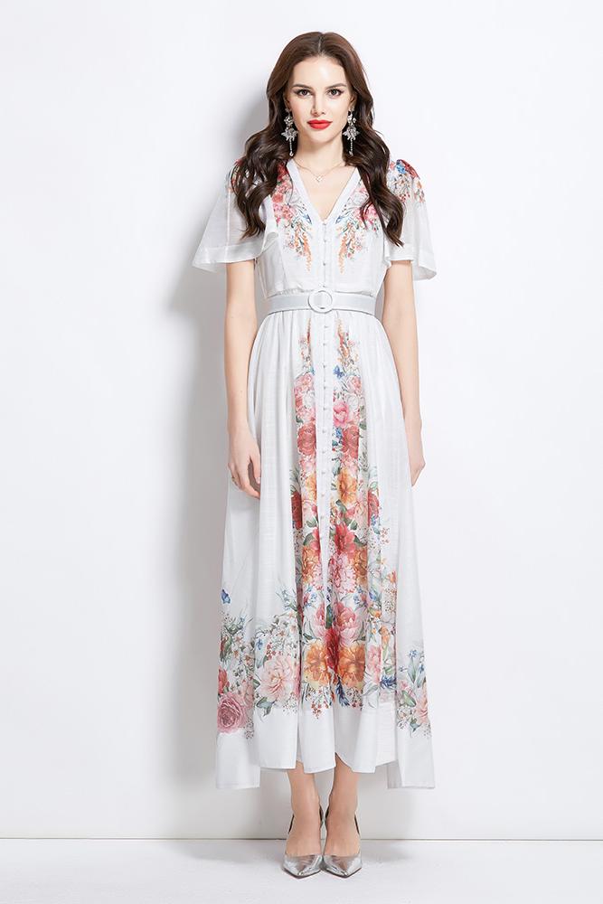 Original design of a vintage long dress with watercolor floral short sleeves for spring and summer