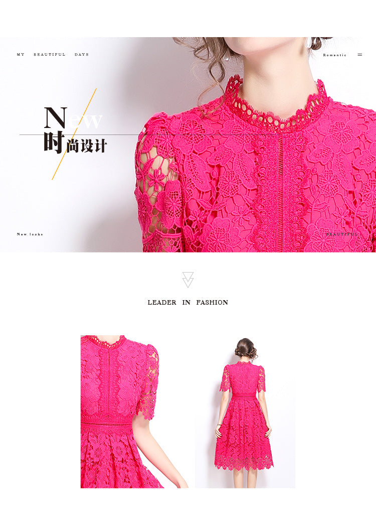 Original design short sleeved slimming hollow out water-soluble lace positioning mid length dress