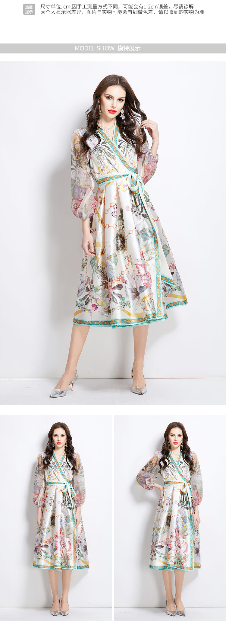 Original design for spring and summer V-neck ethnic style printed satin wrapped long length dress