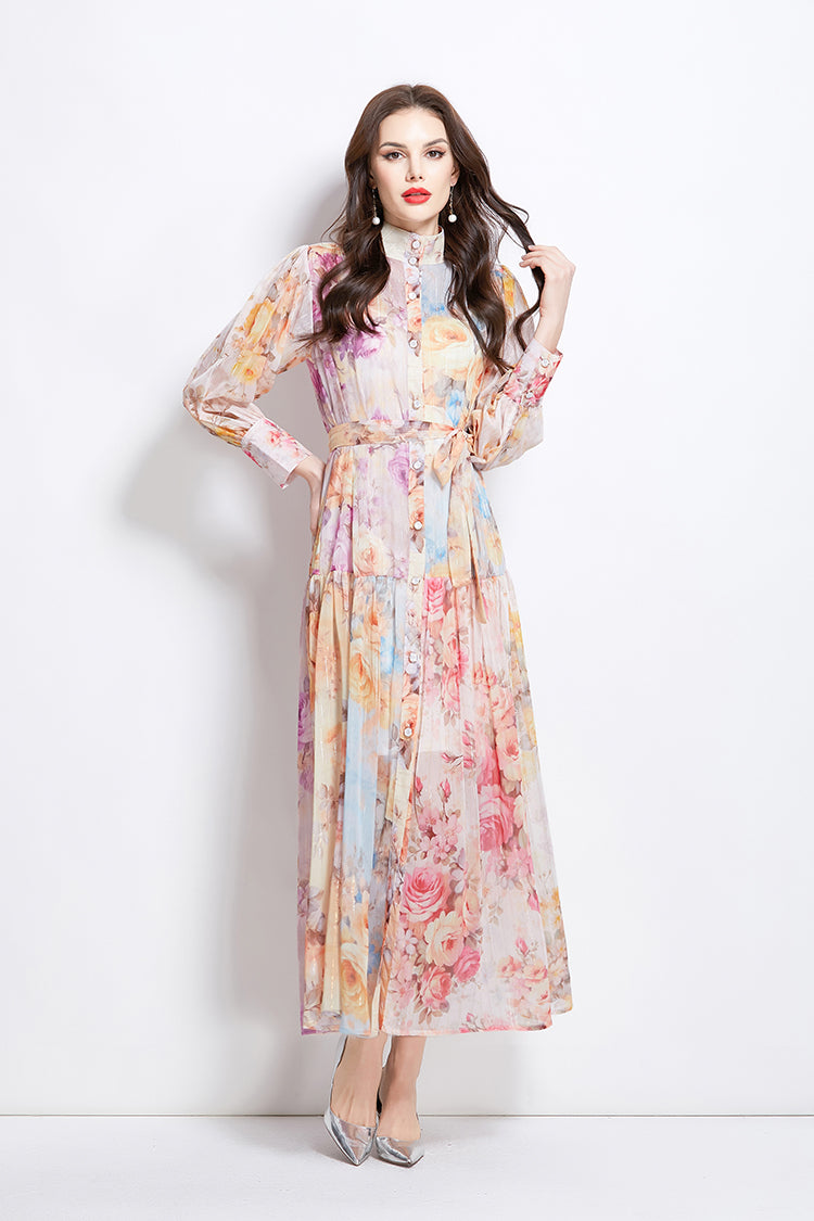 Original design: Spring/Summer ethnic style retro stand up collar lantern sleeve printed dress