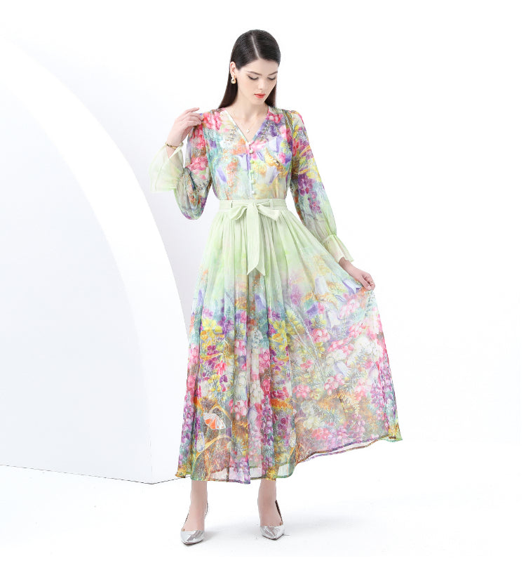 Original design - spring and summer real shot - spot light luxury heavy work chiffon splicing tape embroidery high-waisted thin temperament dress