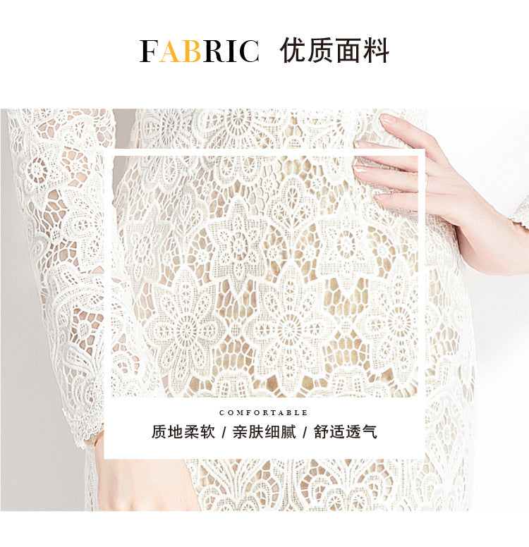 Original design for spring and summer water-soluble lace V-neck slim fit mid length dress for women