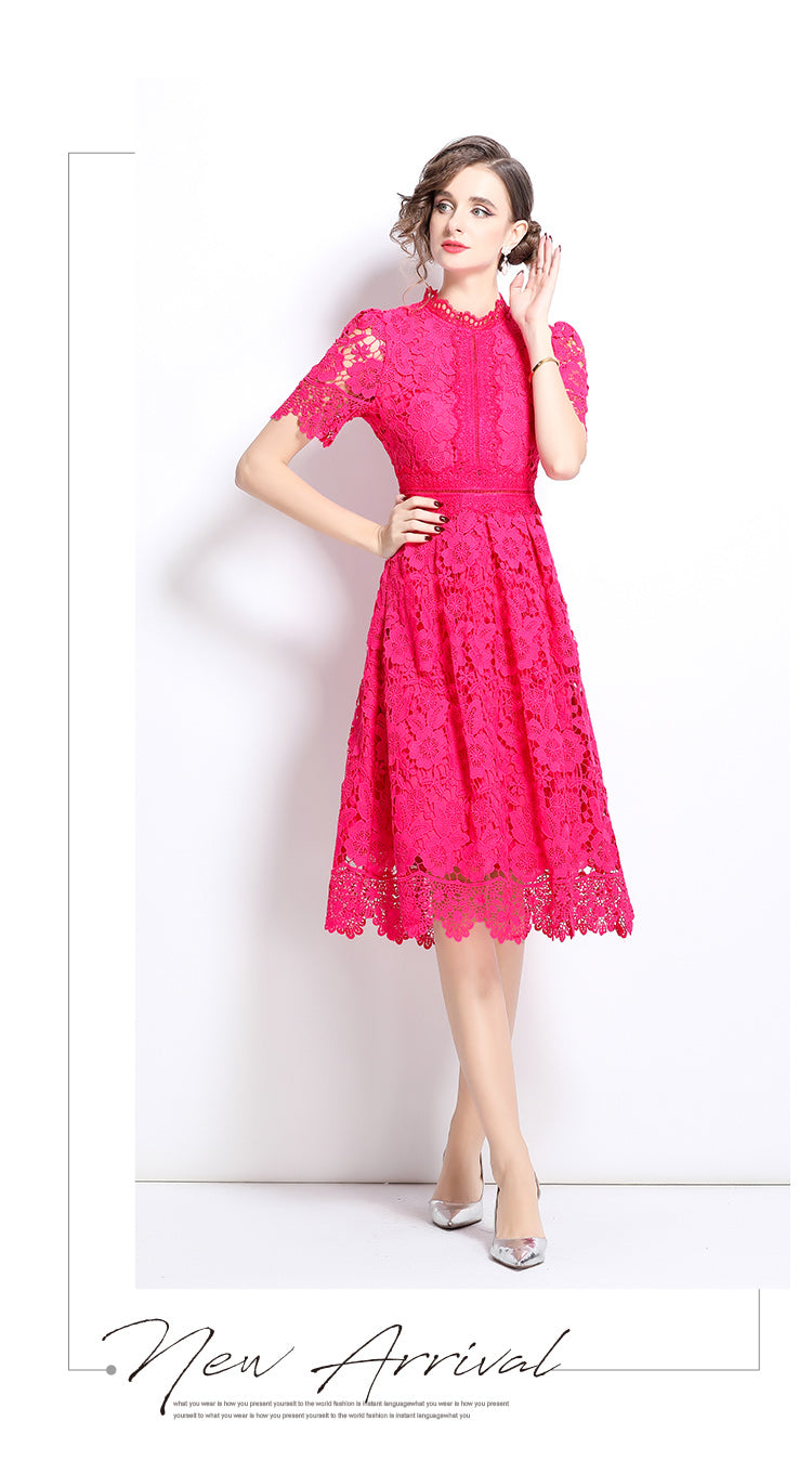 Original design short sleeved slimming hollow out water-soluble lace positioning mid length dress