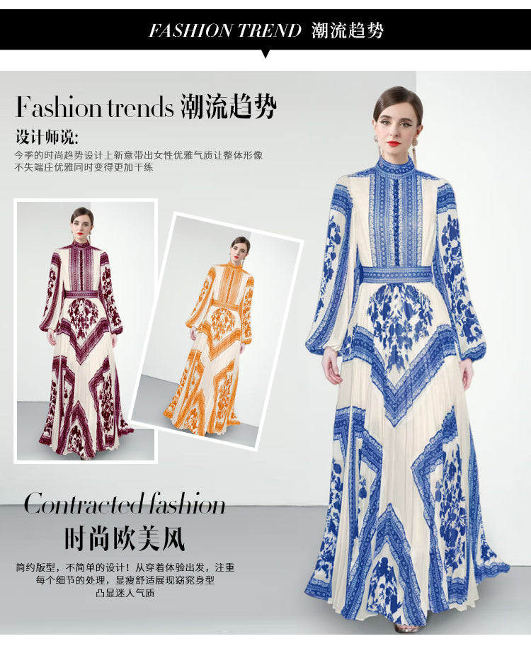 Original design for spring and summer printed evening gown, long pleated dress with large display