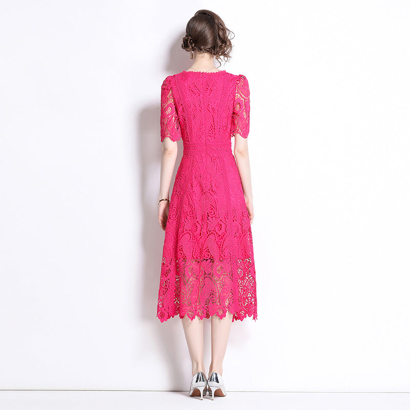 Original design temperament short sleeved skirt slim fit waist cinching heavy industry water-soluble lace dress for women