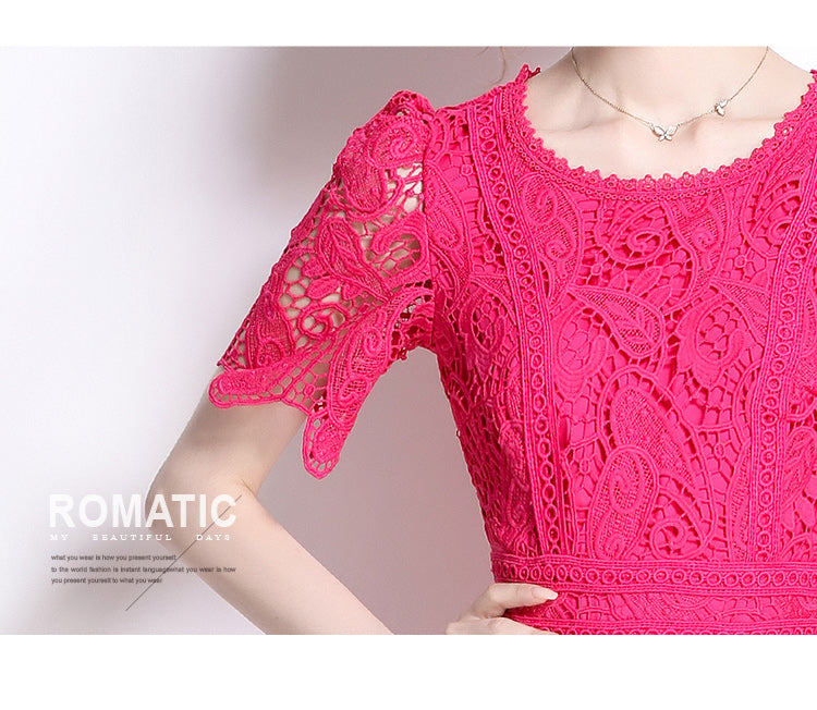 Original design temperament short sleeved skirt slim fit waist cinching heavy industry water-soluble lace dress for women