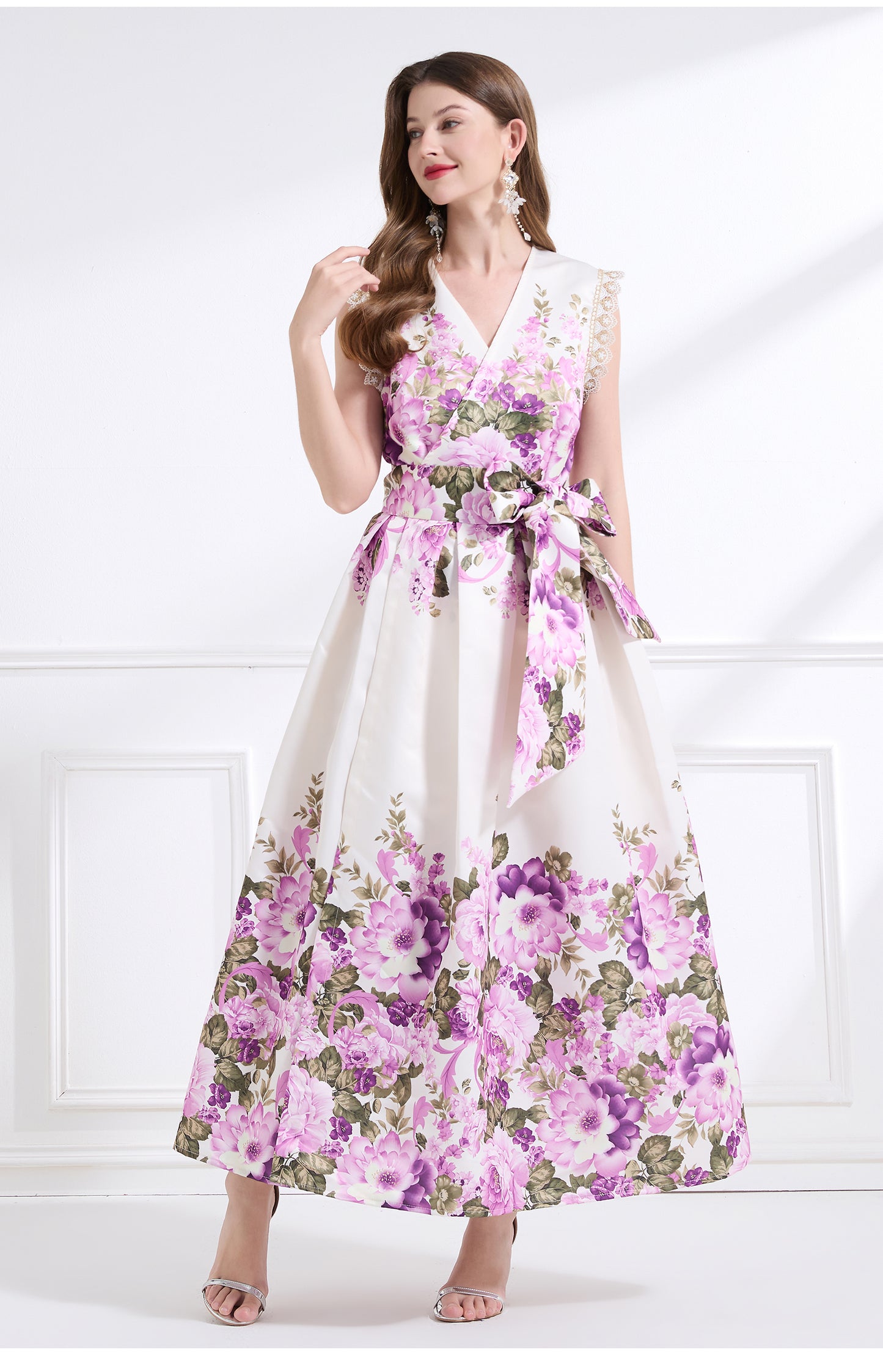 Original design - spring, summer and autumn fake wind, small flying sleeves, flower fairy print, seaside waist ruffle tie long skirt