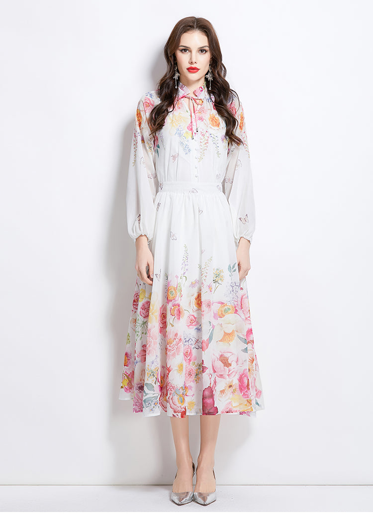 Original Design Spring Summer Autumn Vacation Lantern Sleeve Chiffon Shirt High Waist Half Skirt 2 Piece Set
