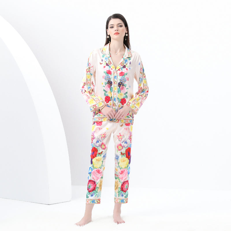 original design Spring/Summer casual trim pyjama suit set with a suit collar and long sleeves and trousers print two-piece set