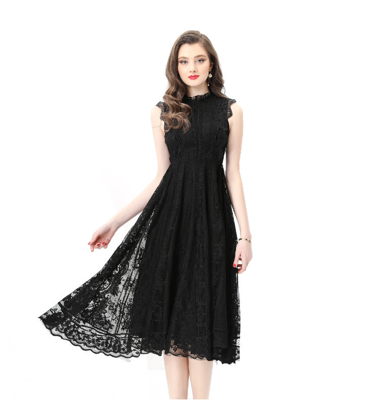 Original design: Spring, Summer, Autumn, Vacation, round neck, smocked style, lace, sleeveless, lace, long vintage dress
