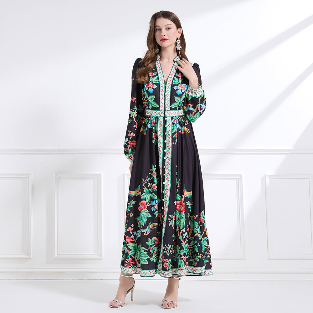 Original design Spring/summer resort-style V-neck, linen, floral, printed, balloon-sleeved, waist-cinching, ruffled maxi skirt