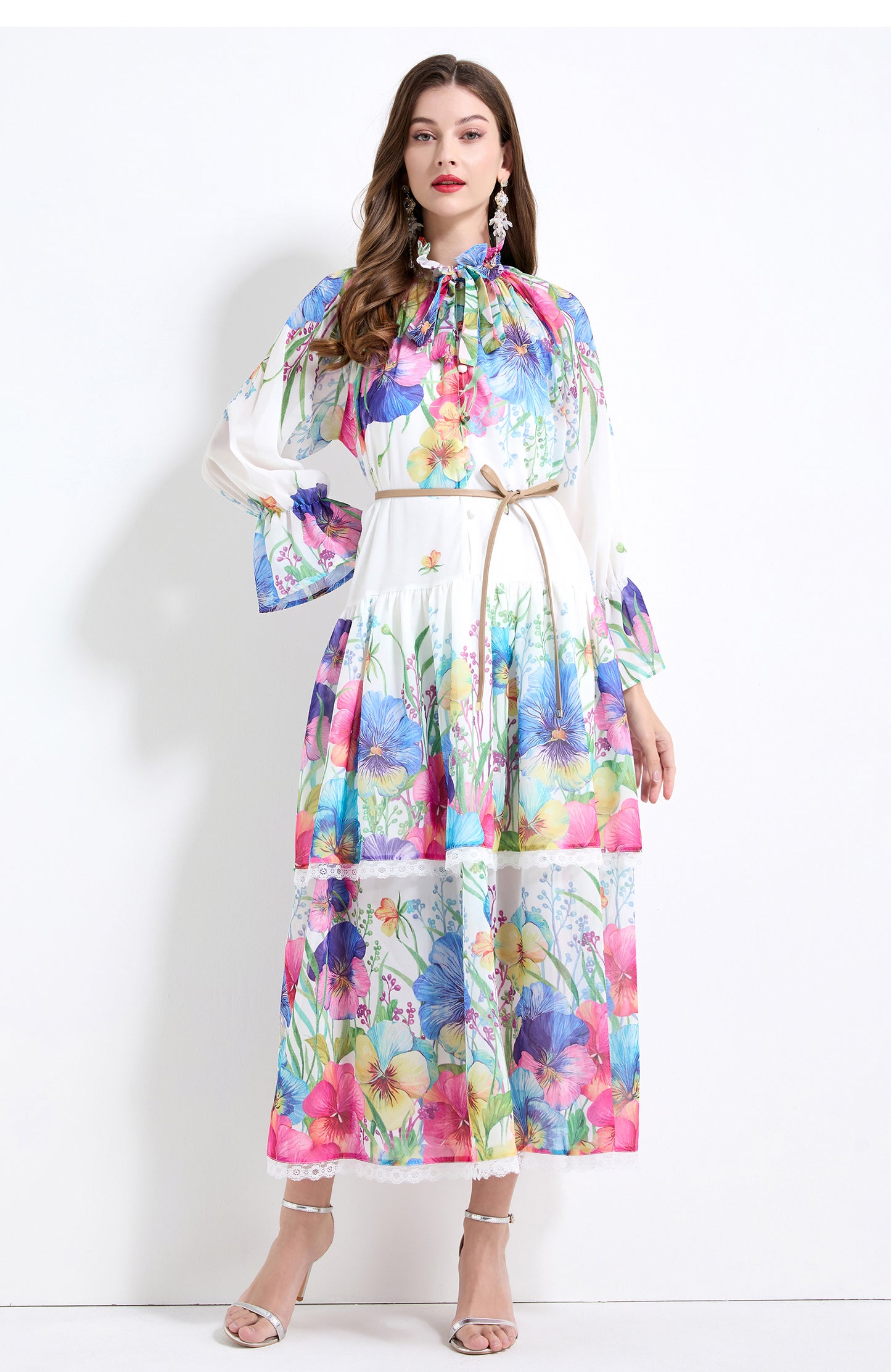 Original design - spring and summer fake lace cake skirt floral print waist ruffle skirt