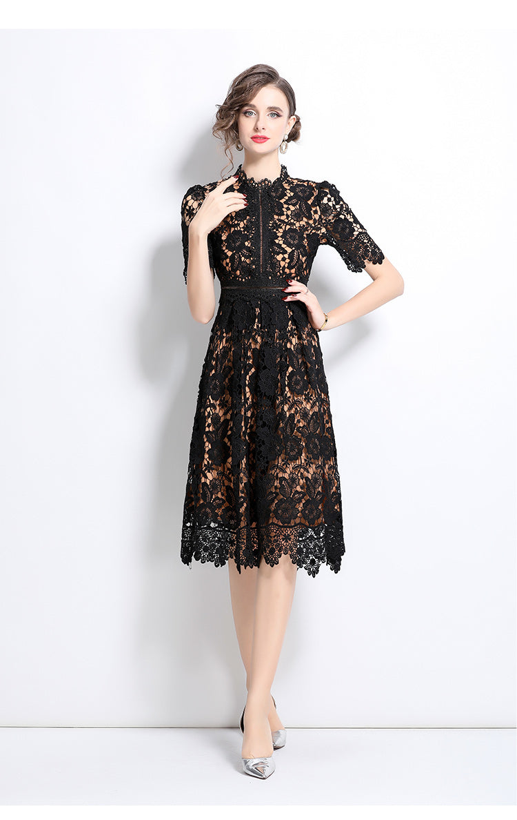 Original design short sleeved slimming hollow out water-soluble lace positioning mid length dress