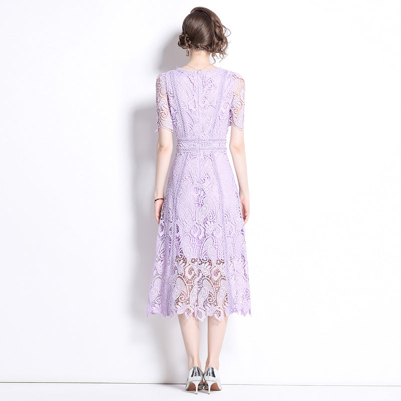 Original design temperament short sleeved skirt slim fit waist cinching heavy industry water-soluble lace dress for women