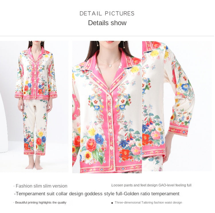 Original design: Spring, Summer, Autumn, Casual Trim, Pajama Set, Suit Collar, Long Sleeves, Long Pants, Printed Two-Piece Set