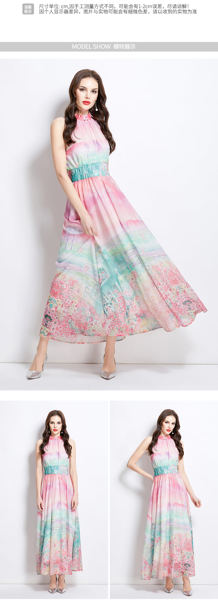 Original design: spring, summer, autumn vacation, new oil painting, flower print, halterneck maxi dress