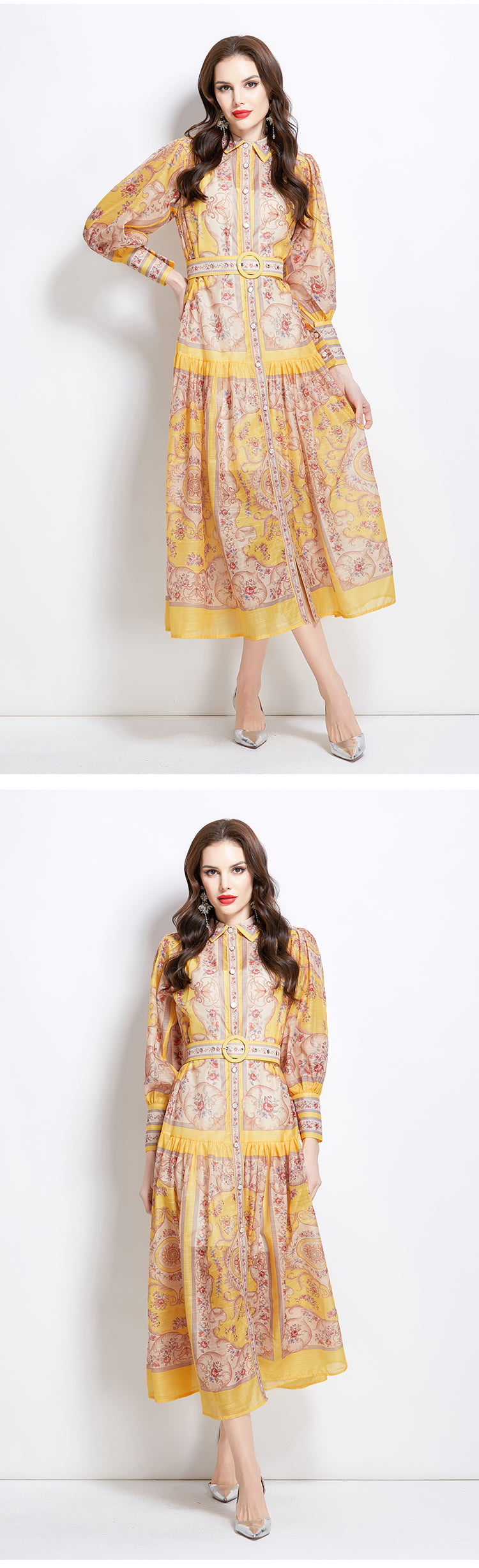 Original Design Spring/Summer Autumn Vacation Classical Palace Style Printed Bouquet Waist Single breasted Long Dress