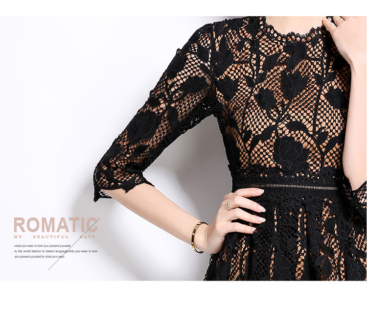 Original design mid long sleeved fashionable slimming hollow out water-soluble lace positioning mid length dress