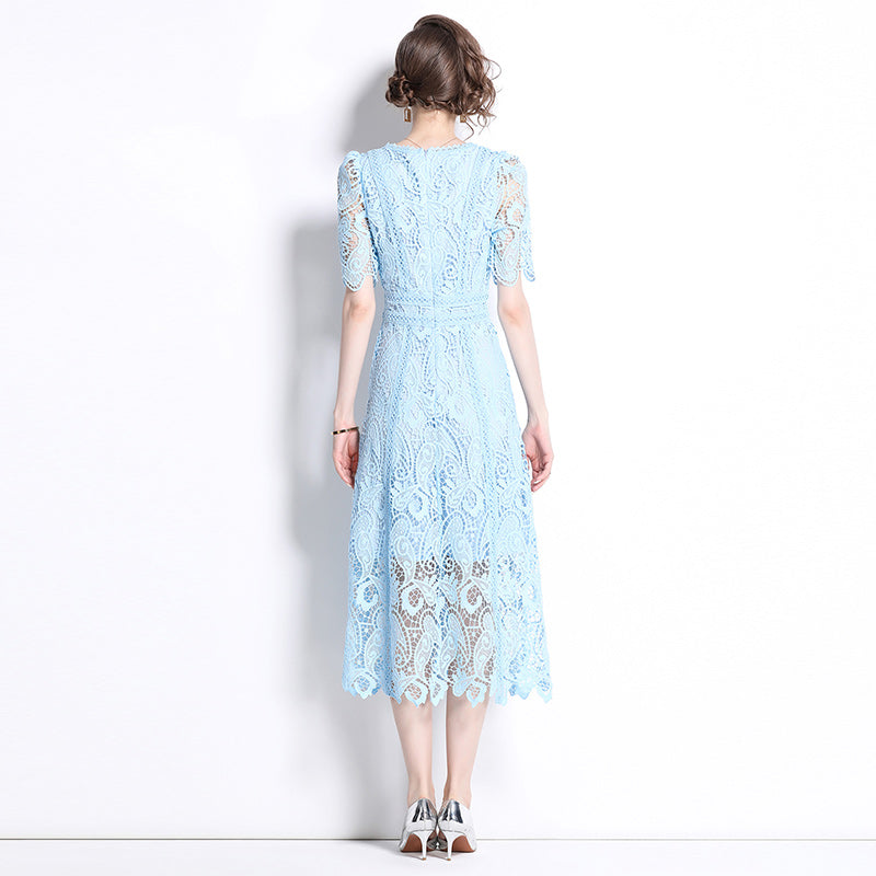 Original design temperament short sleeved skirt slim fit waist cinching heavy industry water-soluble lace dress for women