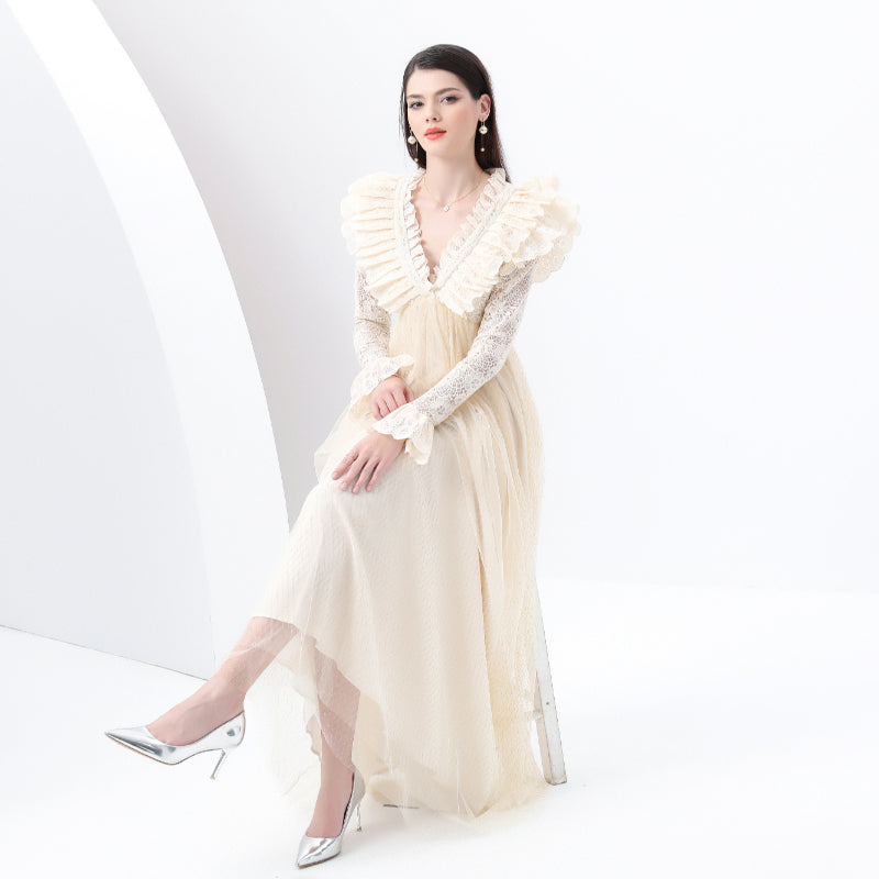 Original design: Spring, Summer, Autumn, resort style, embroidered lace, V-neck, long sleeves, lace and mesh maxi dress