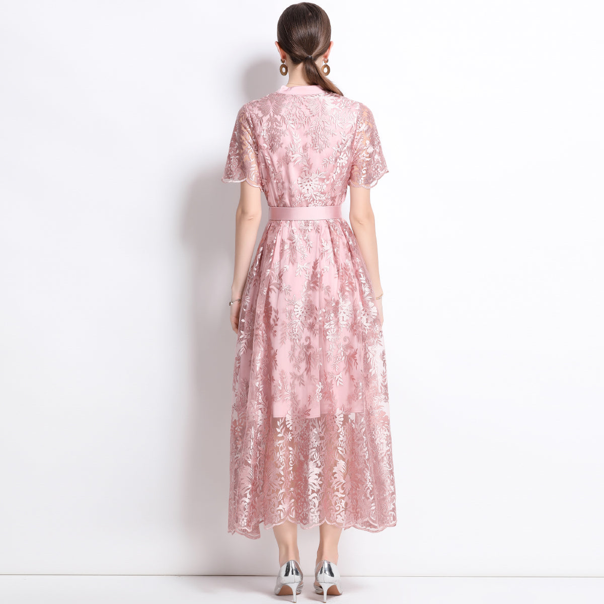 Original design mesh embroidered long dress with pockets, V-neck slim fit dress and belt