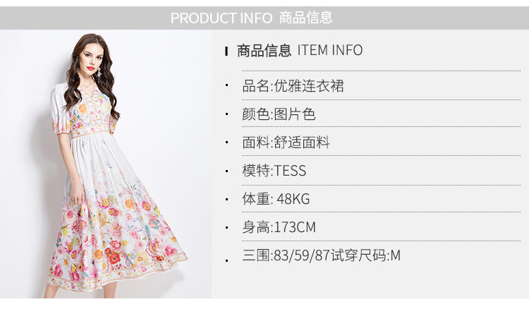 Original design for spring and summer new style bubble sleeve oil painting style waist cinched V-neck dress