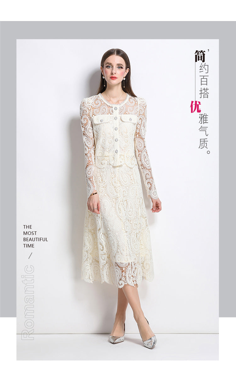 Real shot spot8583# New Style Chanel-Inspired Set Light Luxury High-End Water-Soluble Lace Skirt Two-Piece Set