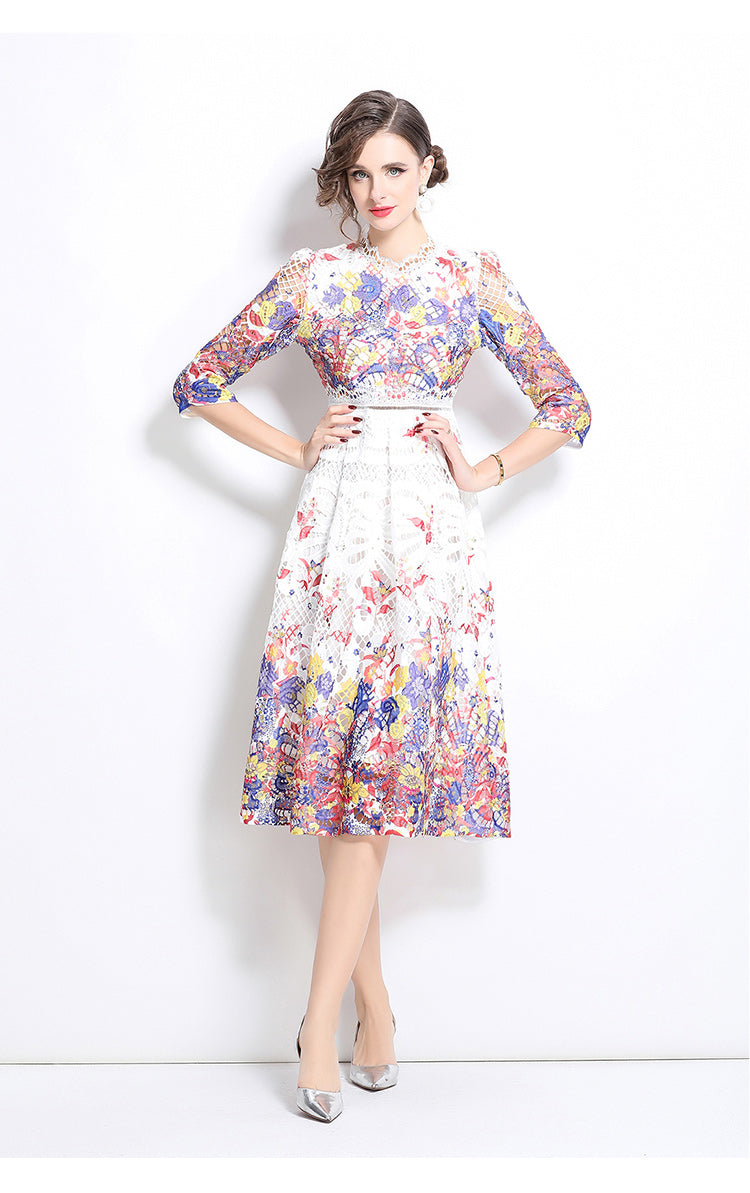 Original design mid long sleeved fashionable slimming hollow out water-soluble lace positioning mid length dress