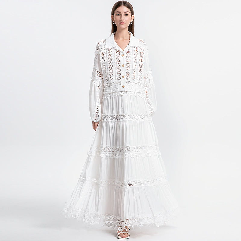 Meizhonggong boutique cut-out lapel lace stitched pendant lace maxi skirt set