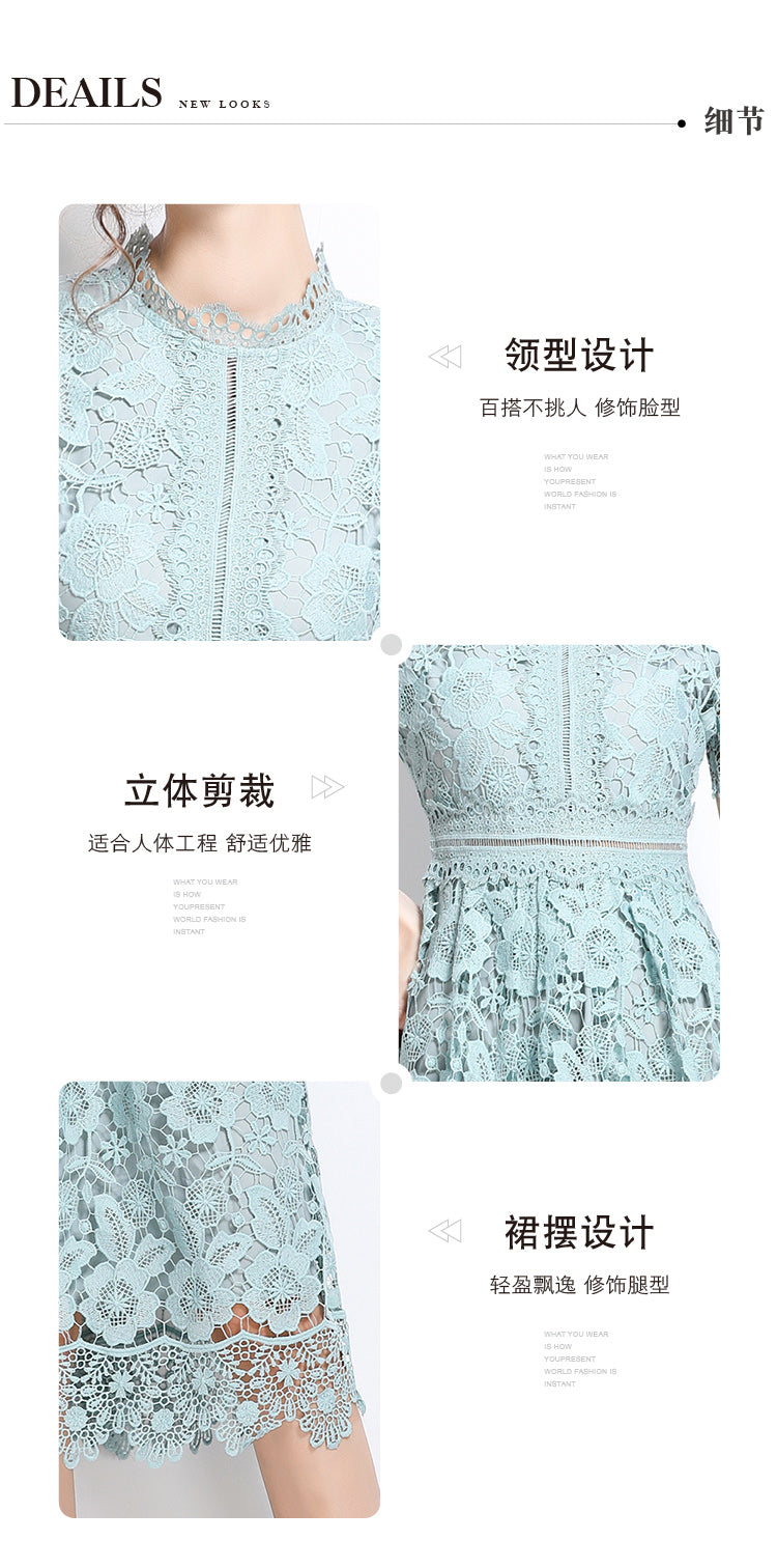 Original design short sleeved slimming hollow out water-soluble lace positioning mid length dress